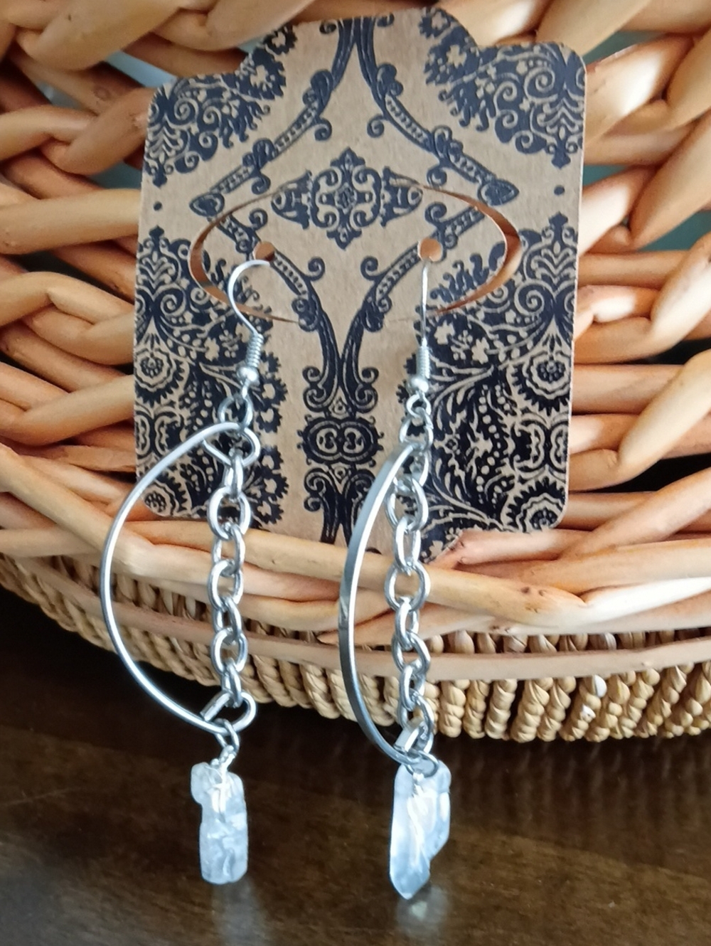 Silver Tone Chain Drop Earrings with Crystal Charms